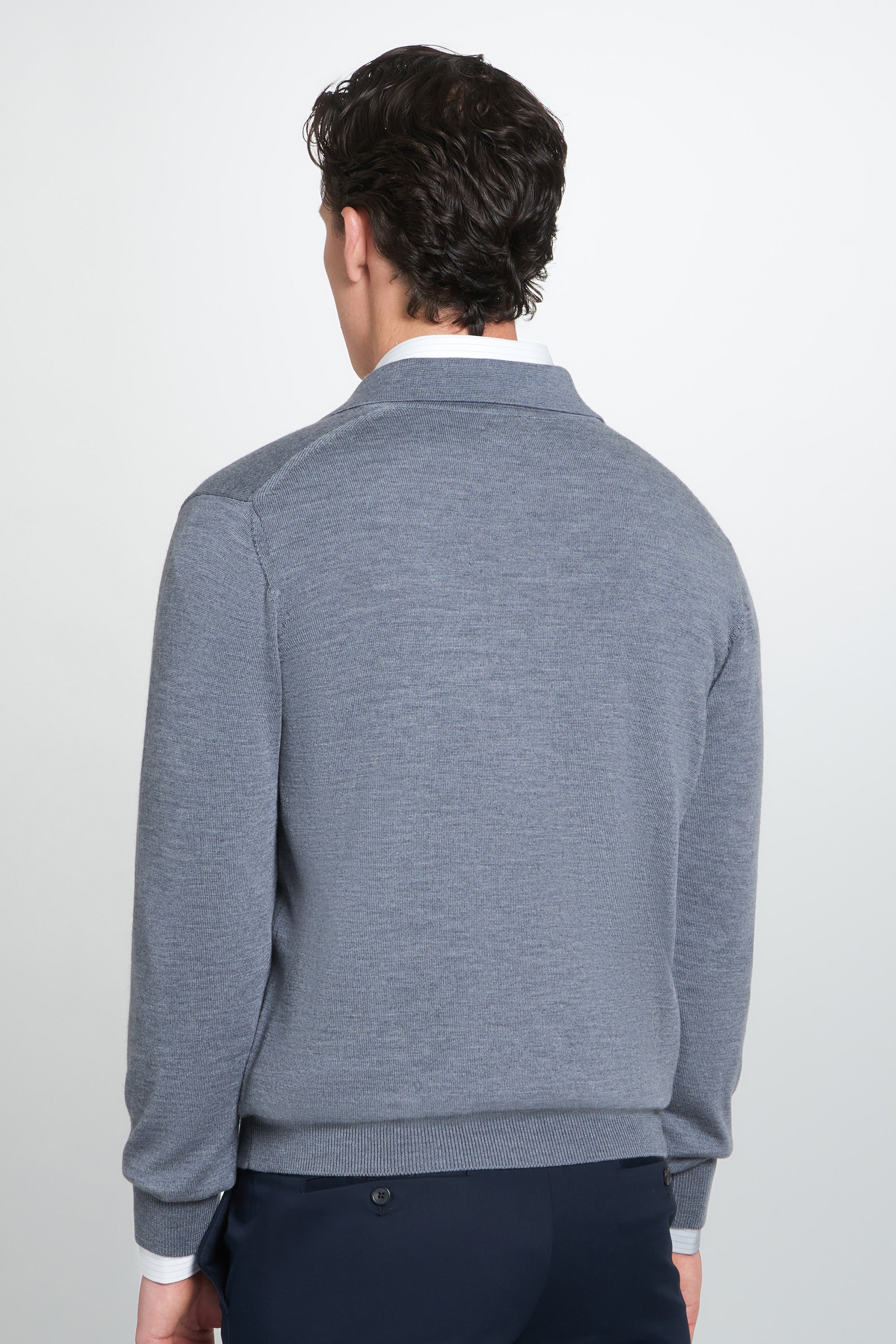 Pale Grey Merino Wool Long Sleeve Polo Shirt