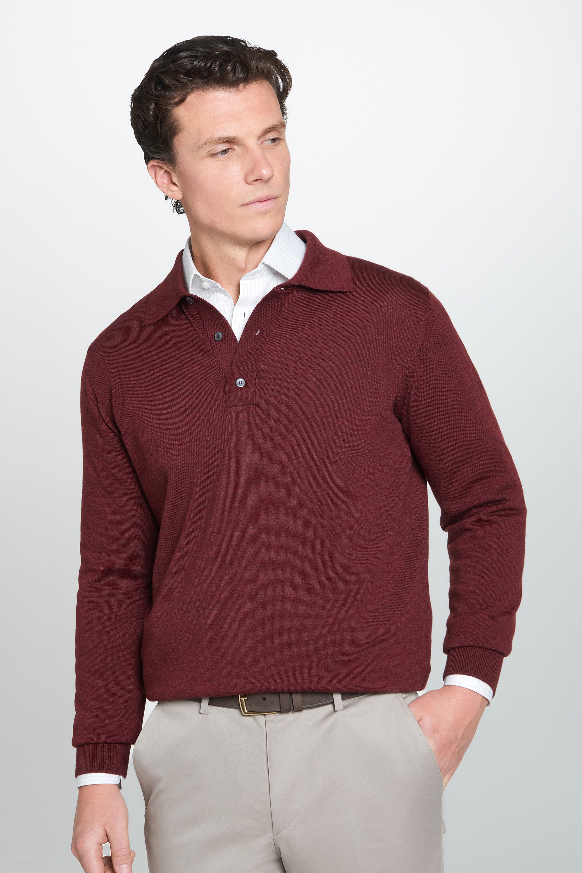 Burgundy Merino Wool Long Sleeve Polo Shirt