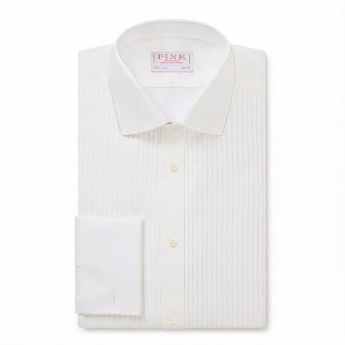 White Slim Fit Double Cuff Pleat Front Poplin Evening Shirt