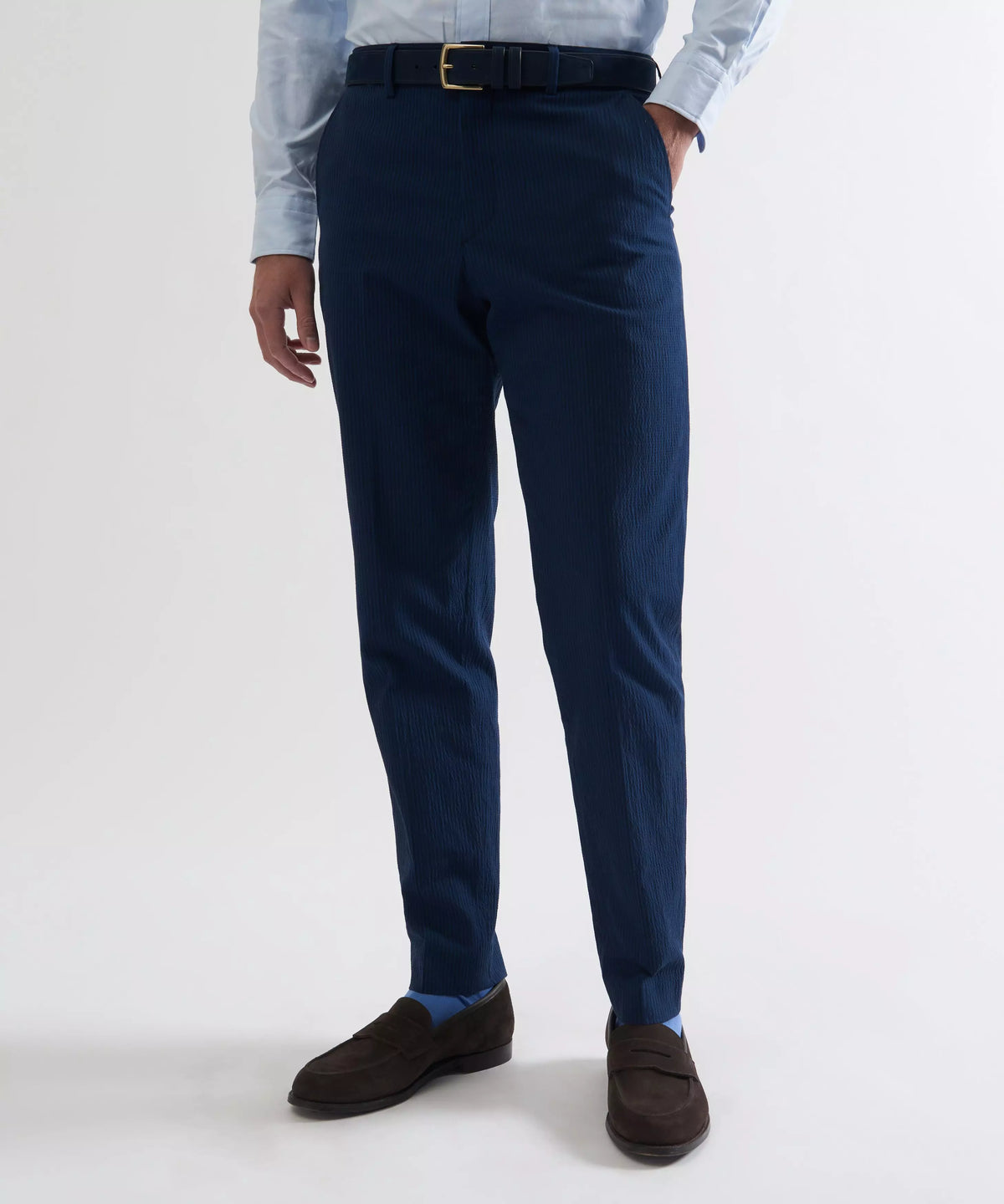 Blue & Navy Tailored Fit Stripe Seersucker Flat Front Trouser