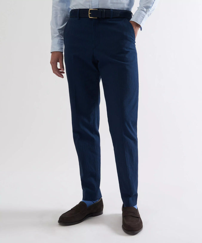 Blue & Navy Tailored Fit Stripe Seersucker Flat Front Trouser