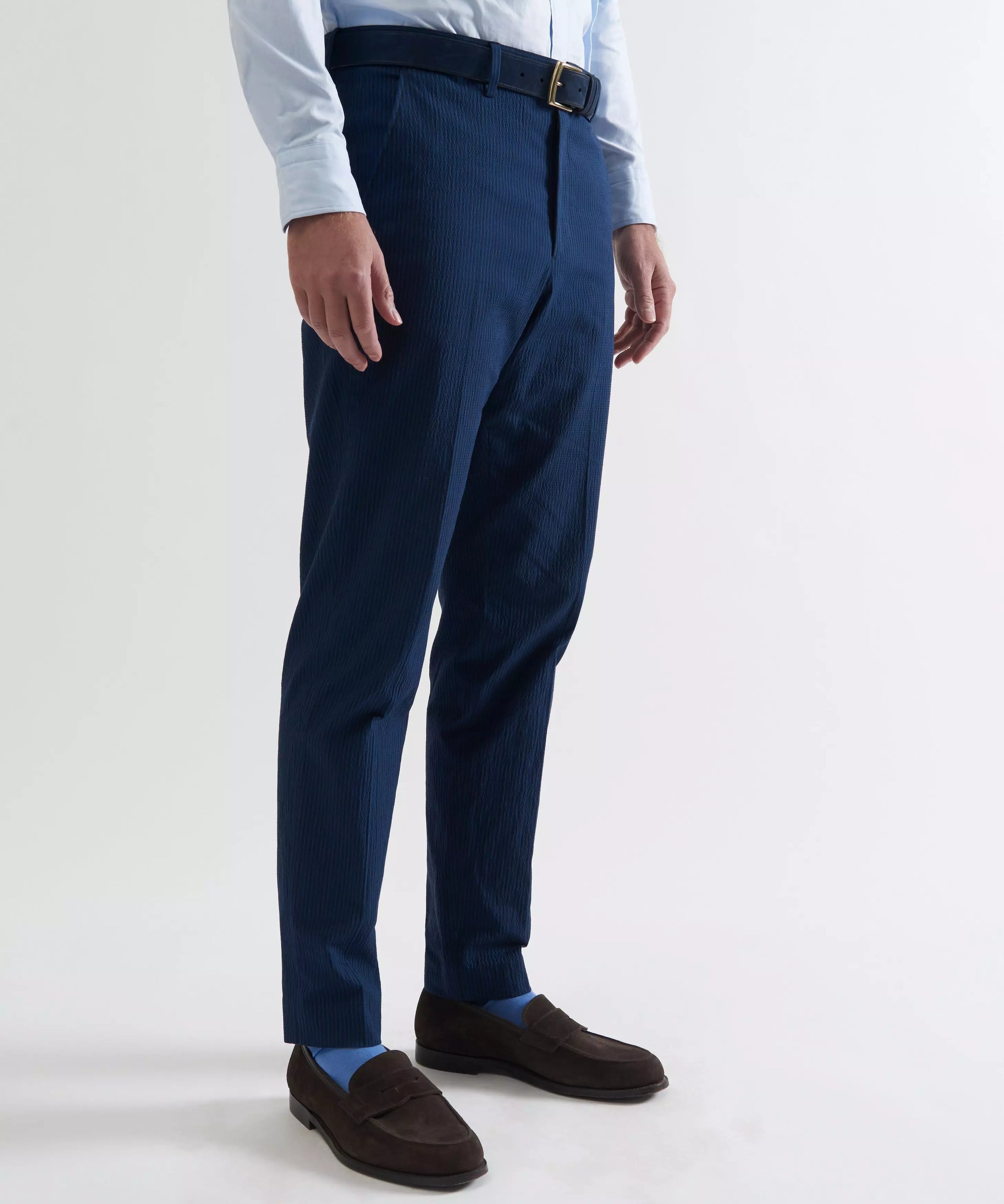 Blue & Navy Tailored Fit Stripe Seersucker Flat Front Trouser