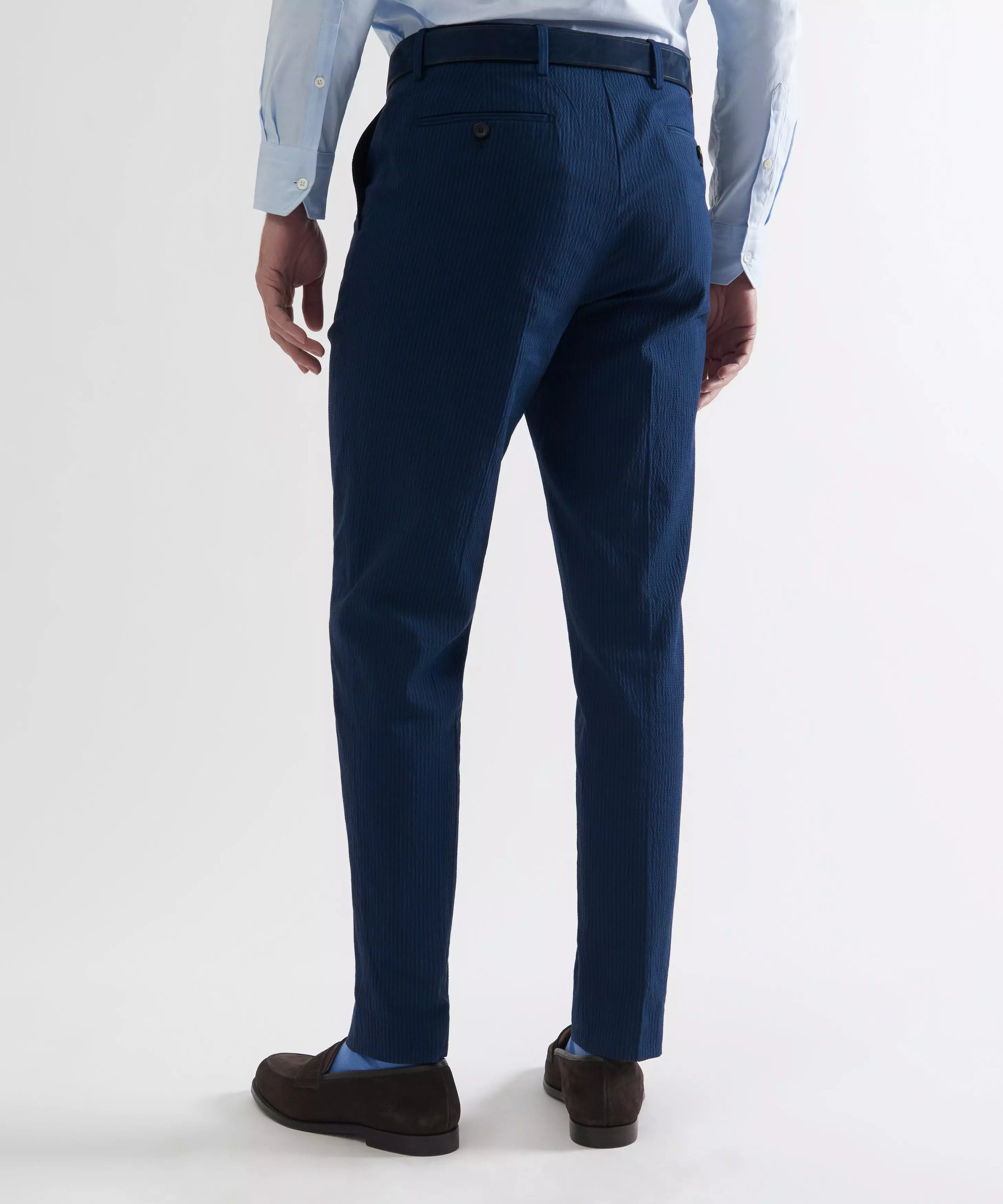 Blue & Navy Tailored Fit Stripe Seersucker Flat Front Trouser