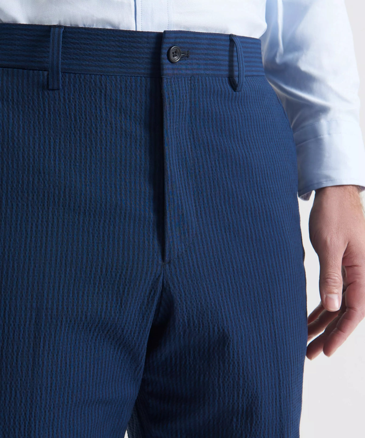 Blue & Navy Tailored Fit Stripe Seersucker Flat Front Trouser