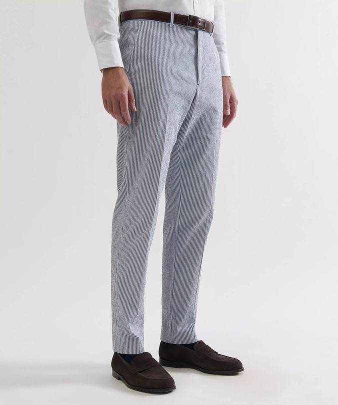 White & Navy Tailored Fit Stripe Seersucker Flat Front Trouser