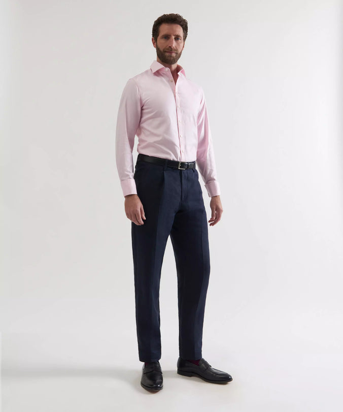 Navy Blue Tailored Fit Linen Twill Pleated Trouser
