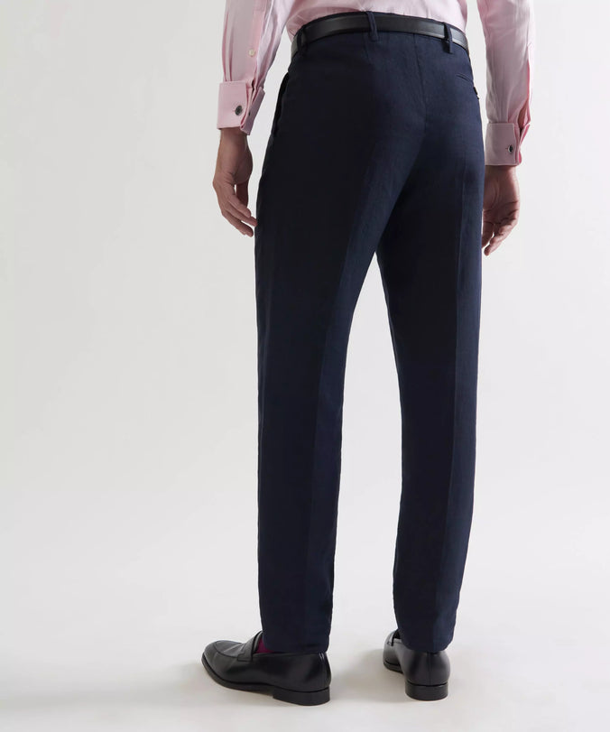 Navy Blue Tailored Fit Linen Twill Pleated Trouser