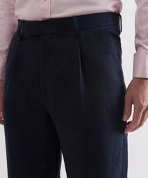 Navy Blue Tailored Fit Linen Twill Pleated Trouser